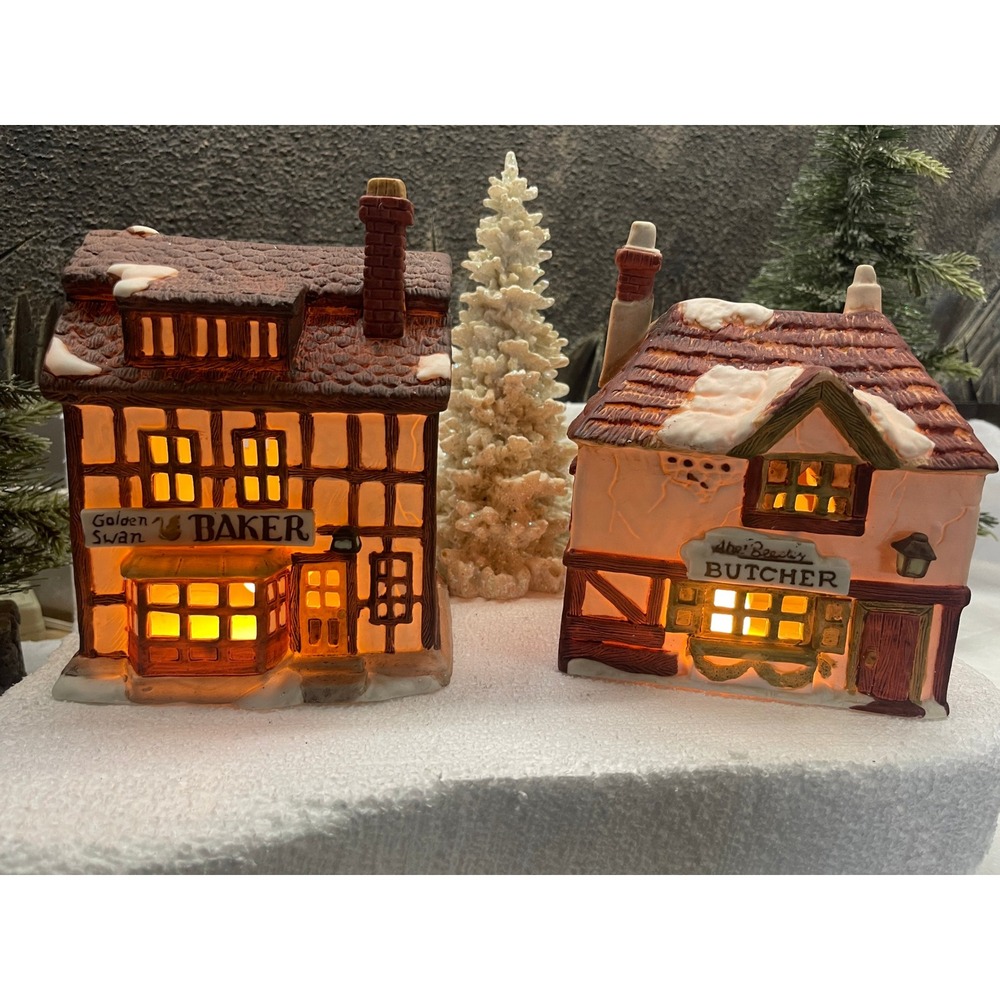 Dept 56 Shops of Dickens GOLDEN SWAN BAKER and BEESLEY BUTCHER 2pc Set